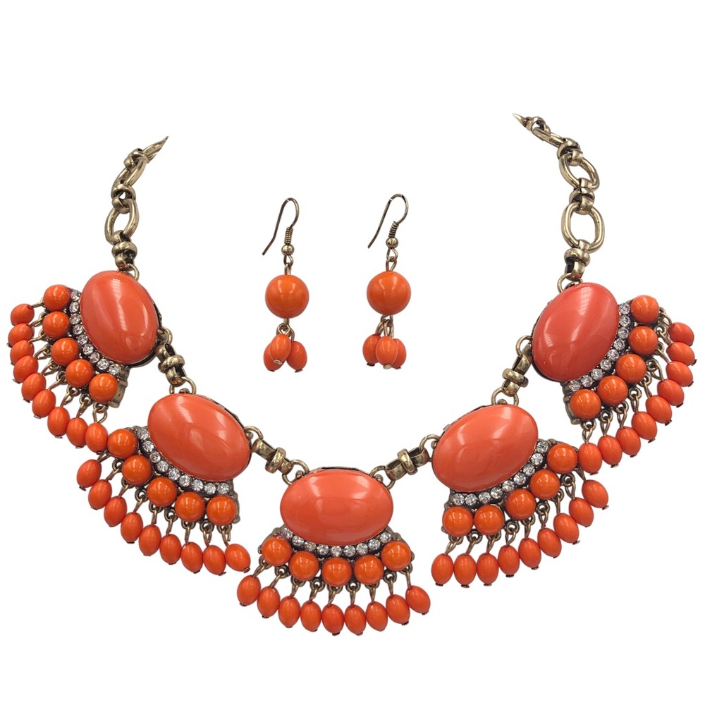 Bright Orange Large Chunky Statement Bib Dangle Necklace Earrings Set